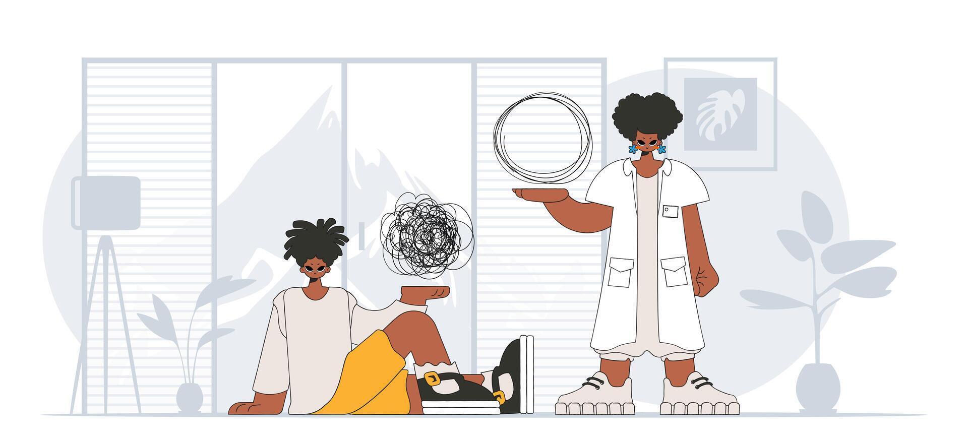 Topic Help A person consumed by a sense of hopelessness and despair. The doctor unpacks the tangle of thoughts. The patient shows that he is immersed in his thoughts. vector