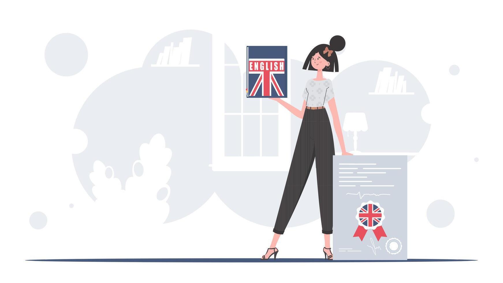 el concepto de aprendizaje inglés. un mujer sostiene un Inglés diccionario y un certificado en su manos. de moda estilo. vector ilustración.