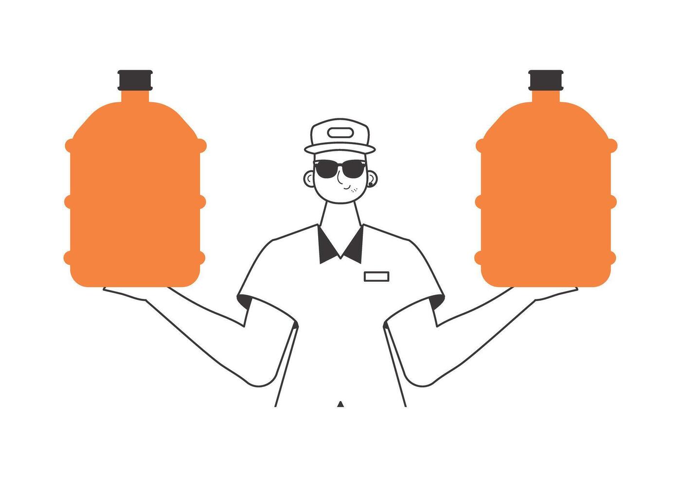 Water delivery concept. A man with a large bottle of water in his hands. Linear trendy style. vector