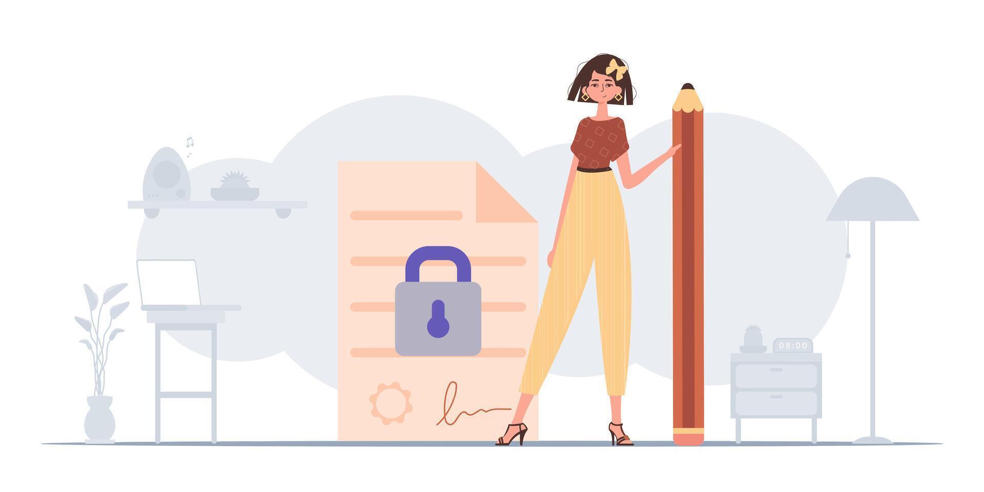 The concept of signing a smart contract. Data protection. The girl stands near a large document and holds a pencil. vector