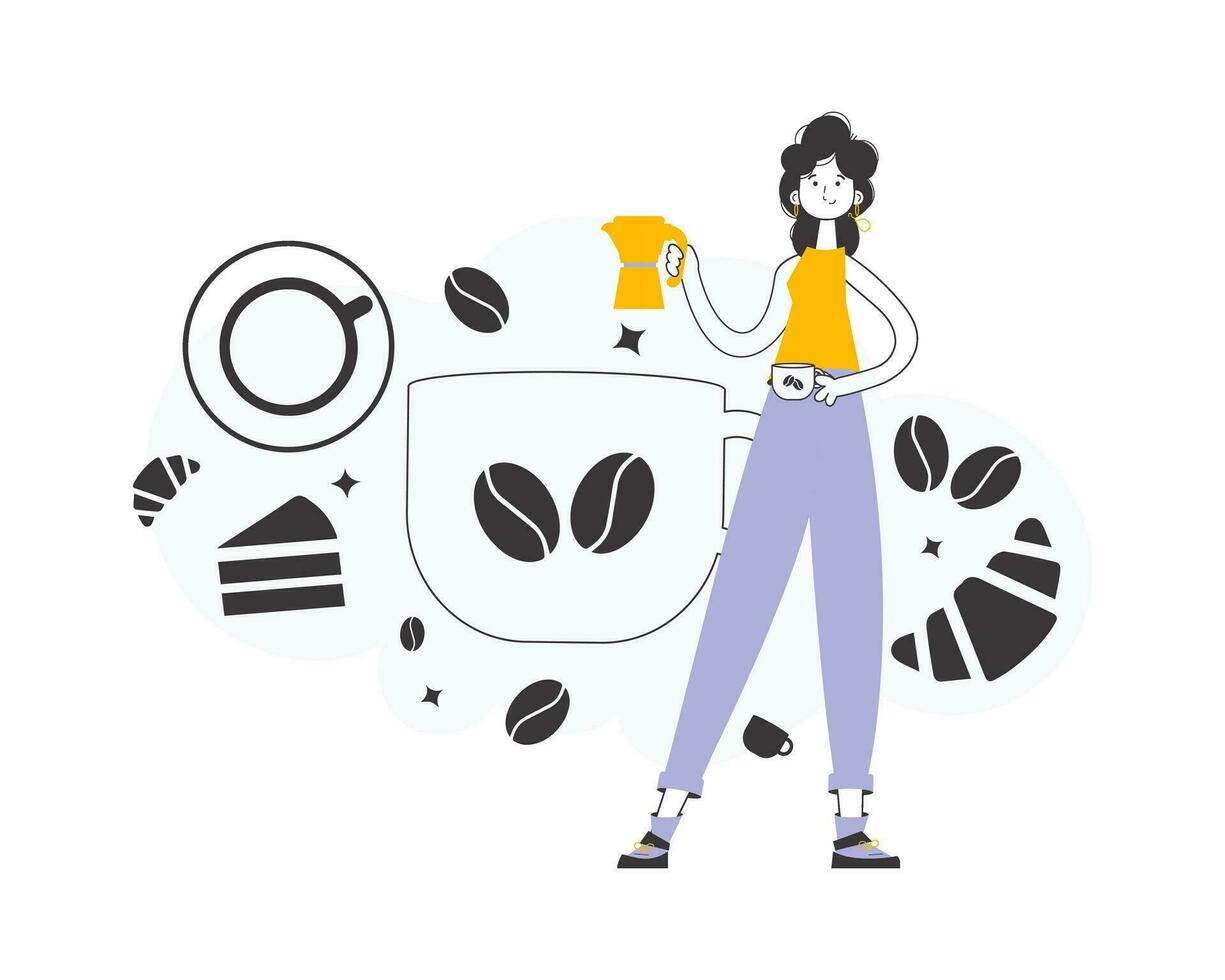 Barista girl. Line art style. Vector. vector