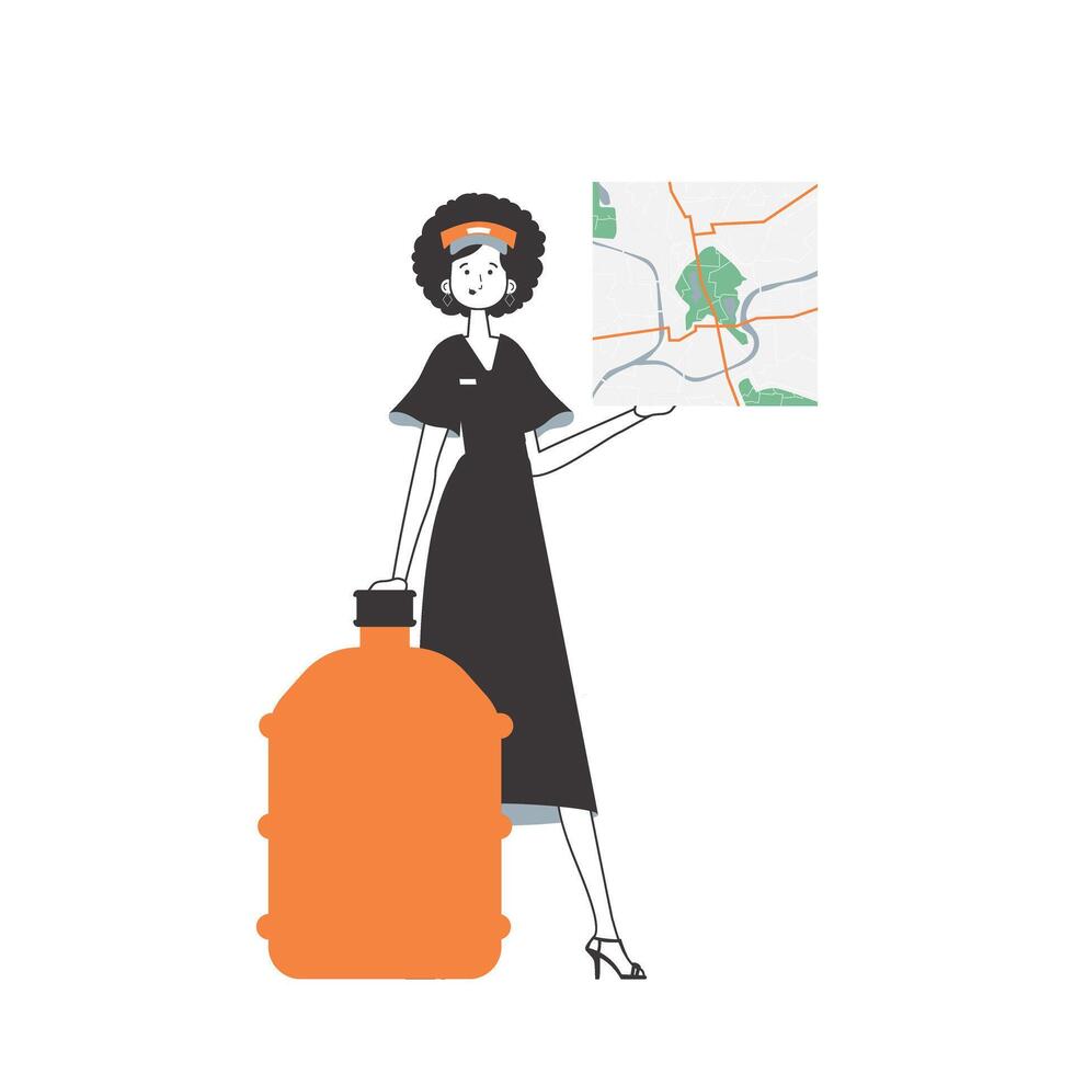 Water delivery concept. The woman is holding a map. Linear trendy style. Isolated, illustration. vector