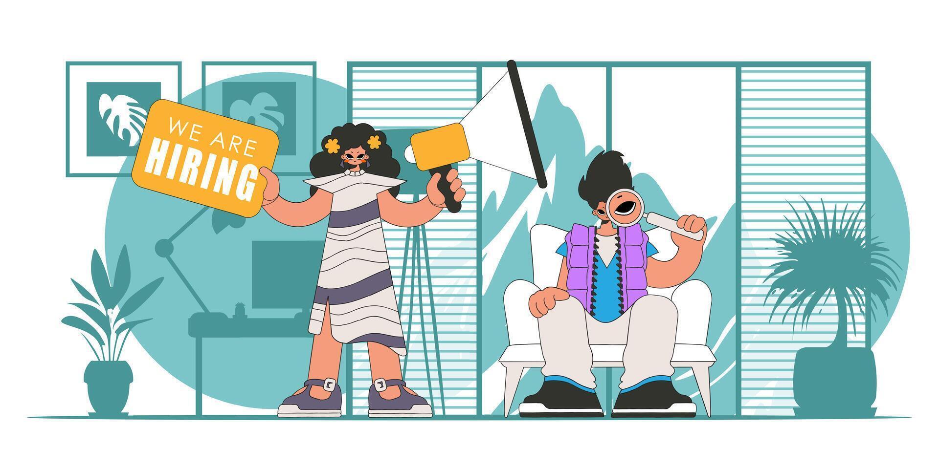 The girl and the guy are workers in the field of attracting workers. vector
