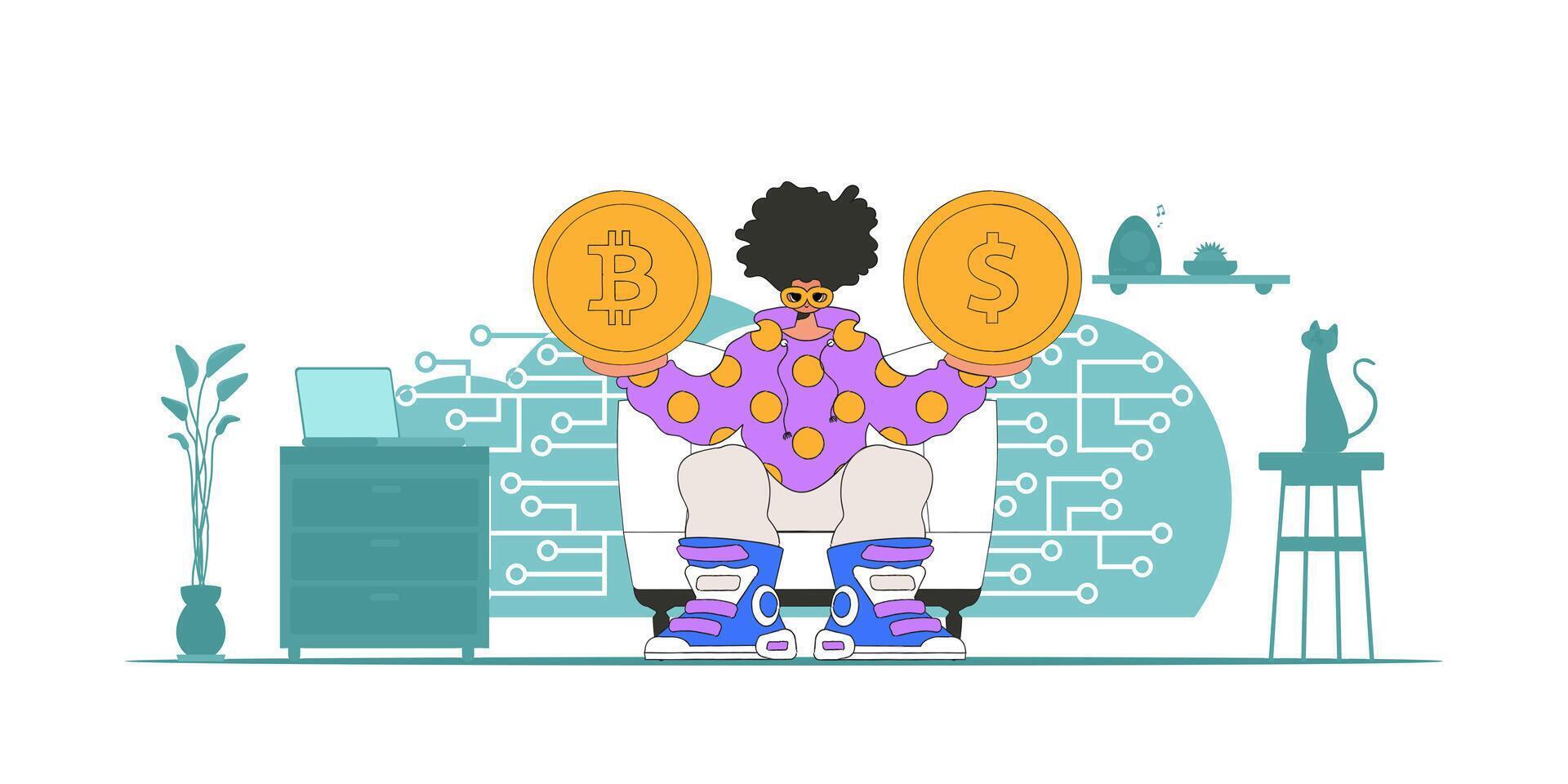 A man is holding a coin of bitcoin and dollar. Cryptocurrency theme. vector
