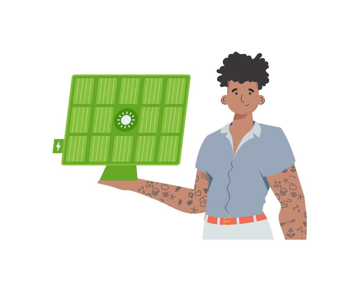 A man holds a solar panel in his hand. Eco energy concept. Isolated. Vector. trendy style. vector
