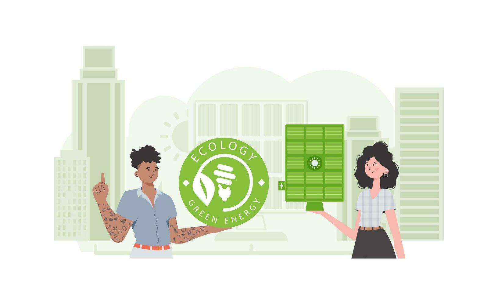 mujer y hombre y solar panel. verde energía concepto. vector ilustración.