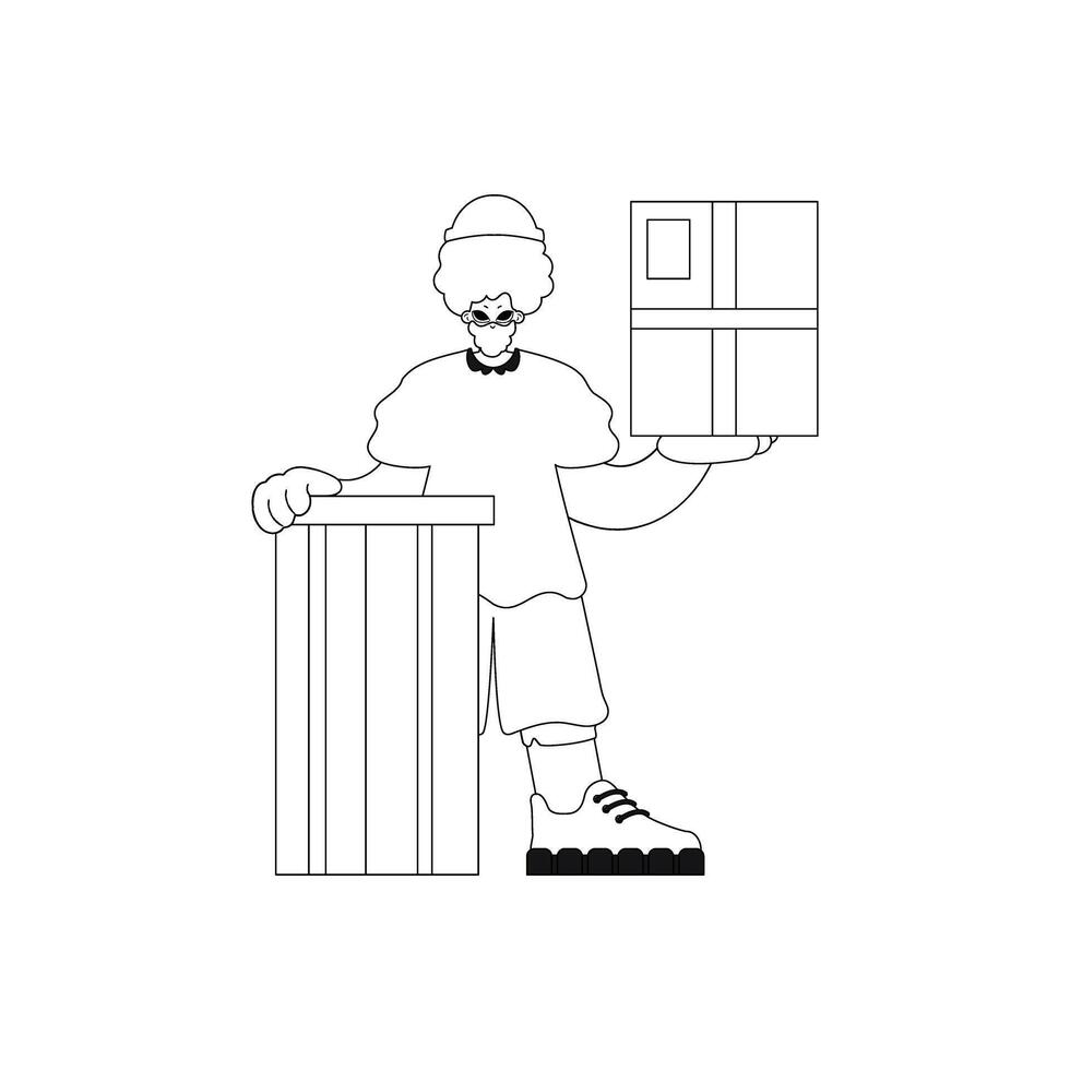Guy holds box in hands. Courier service. Straight design. Vector pic.