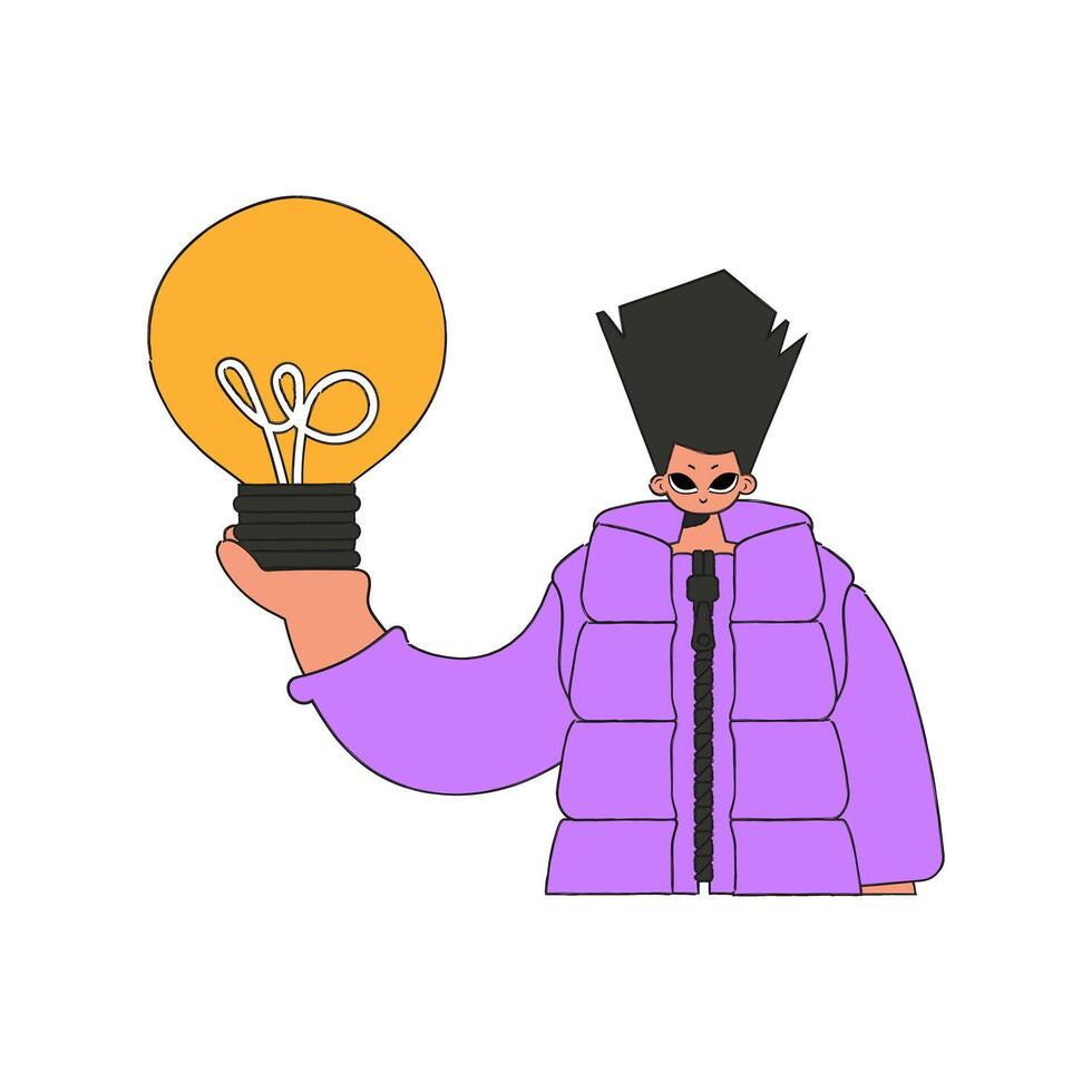 A fashionable guy holds a light bulb in his hands. Idea theme. vector