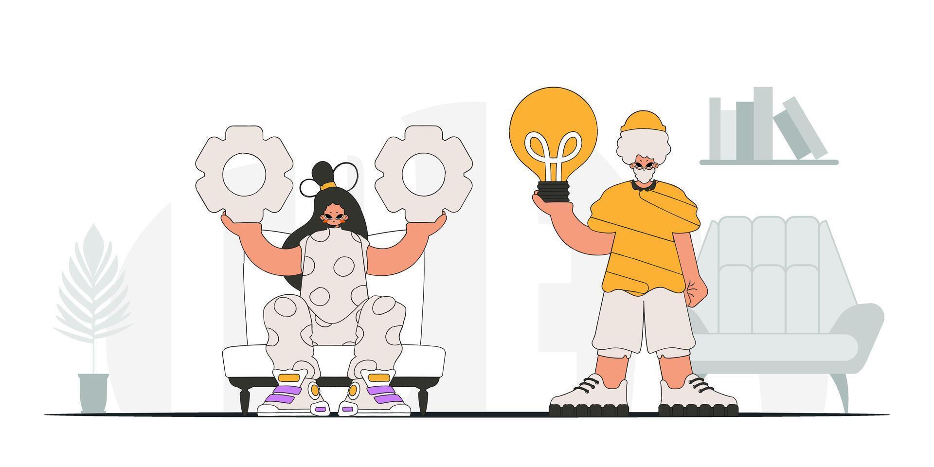 Fashionable guy and girl generates ideas and solves problems. Light bulb and gears in their hands. Idea concept. trendy character. vector