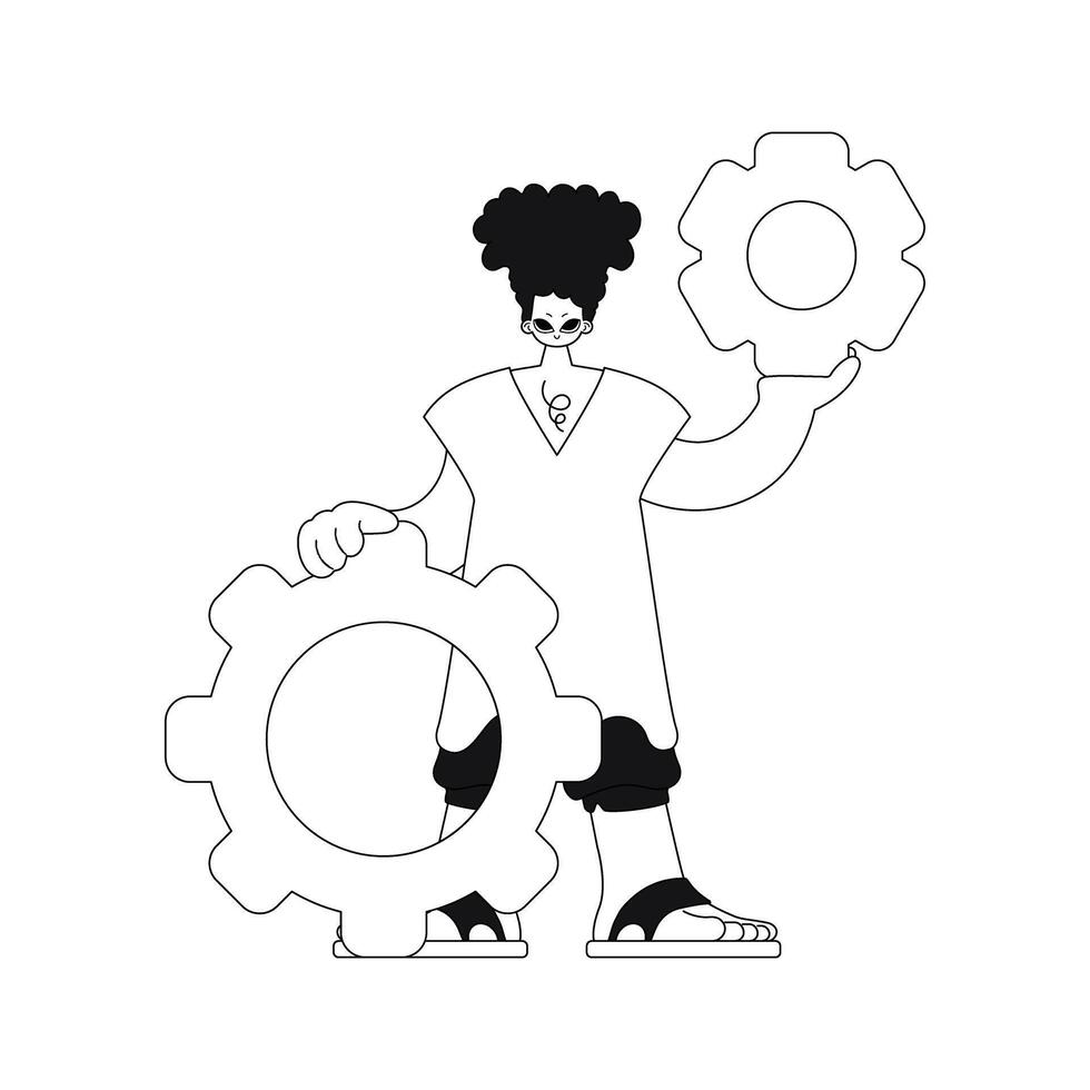 Man holds gears, a linear illustration. vector