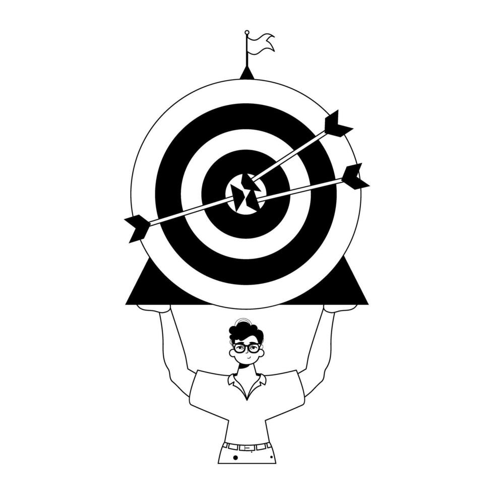 The ridicule is holding a aim with arrow in the plaza lend field . skill concept . Black and lacuna analogue puppy love. Trendy style, Illustration vector