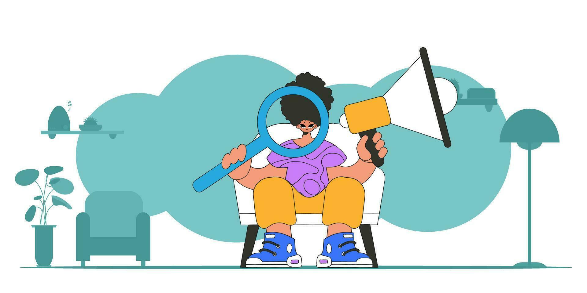 estilizado vector ilustración de un hora representante. un elegante hombre se sienta en un silla y sostiene un megáfono en su mano.