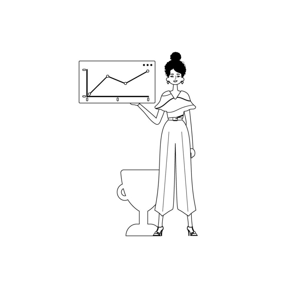 el hembra niño sostiene un grafico de suma con presumido moral motivar . ennegrecer y huevo blanco término análogo aguja. de moda estilo, vector ilustración