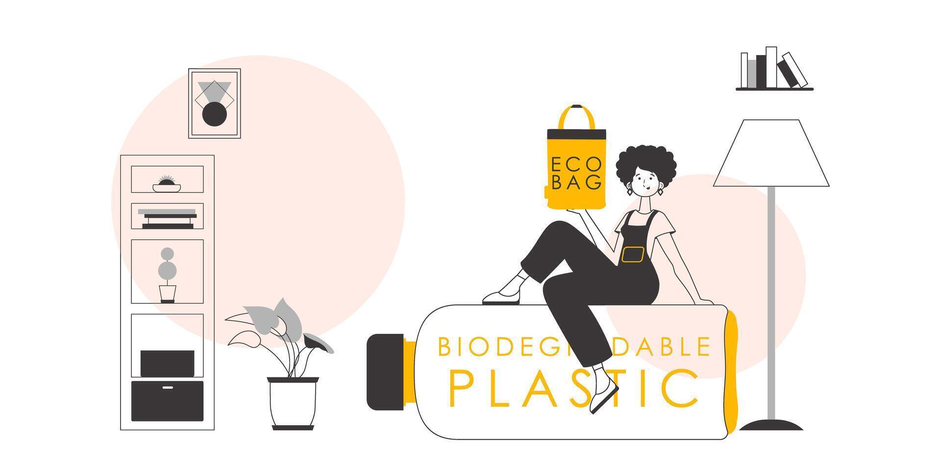 The concept of ecological bags and plastic. The girl is holding an eco-package in her hands. Lineart style. vector