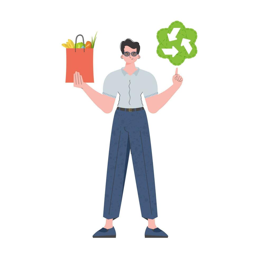 The man is depicted in full growth and holds a package with healthy food in his hands and shows an icon. Isolated. Flat trendy style. Vector. vector