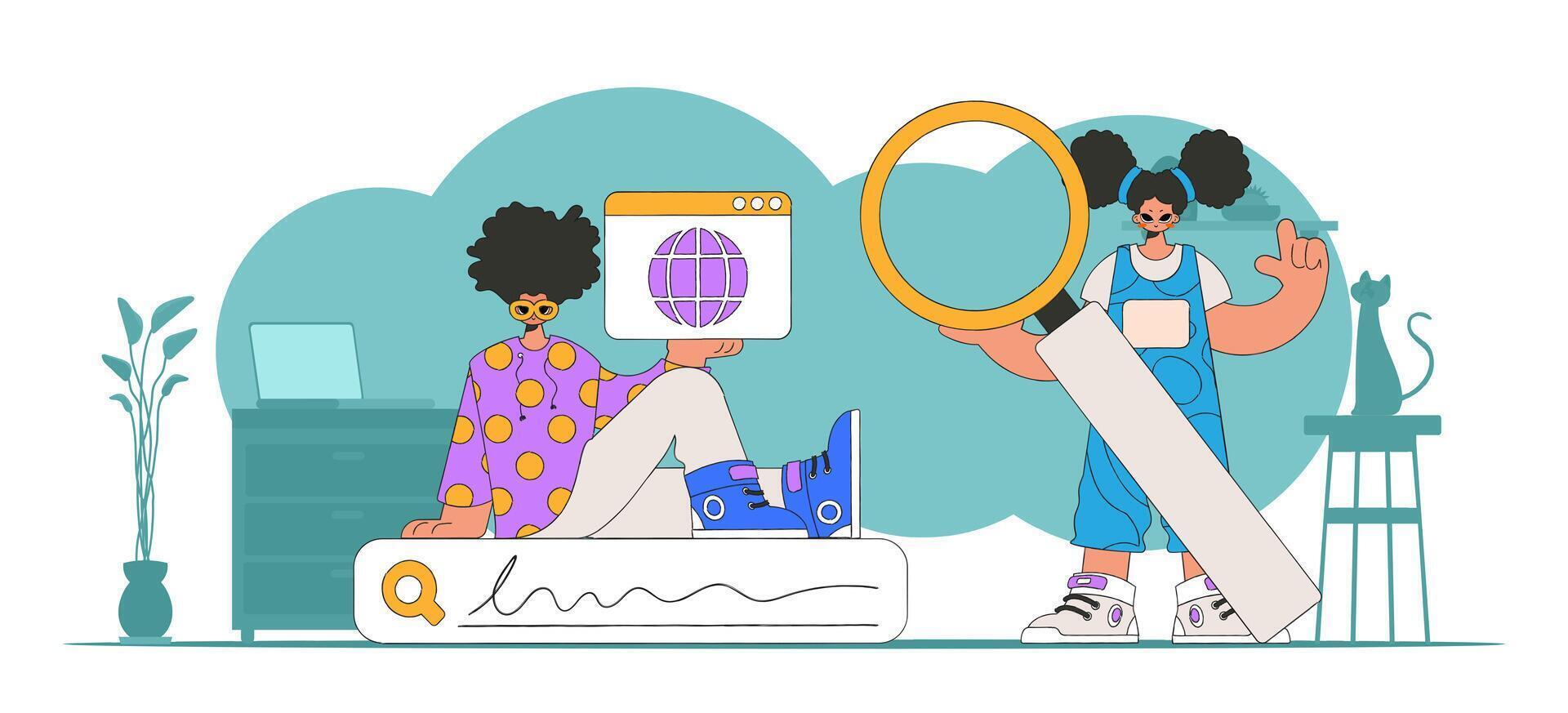 A bright and stylish illustration of a man and a woman looking for information. Material for educational content. vector