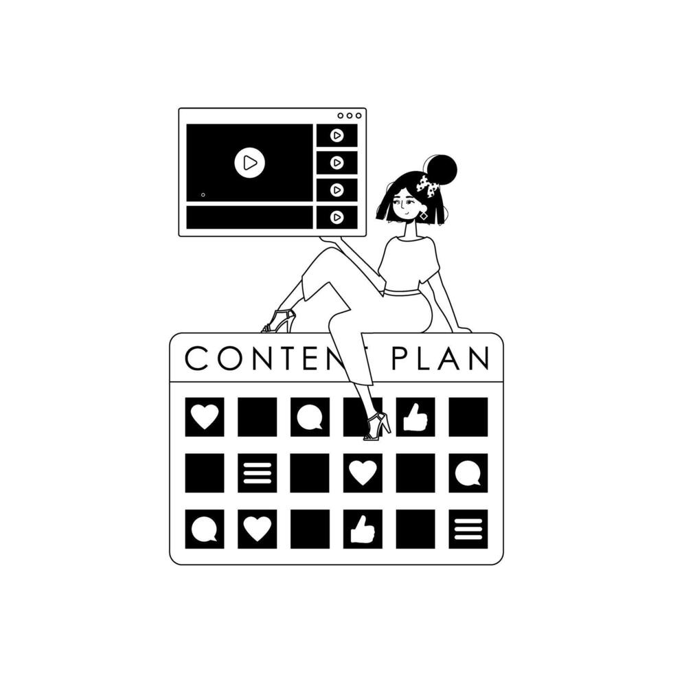A woman sitting on a calendar with the words content plan vector