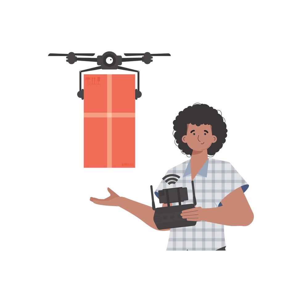 The concept of cargo delivery by air. A man controls a quadcopter with a package. Isolated. . vector