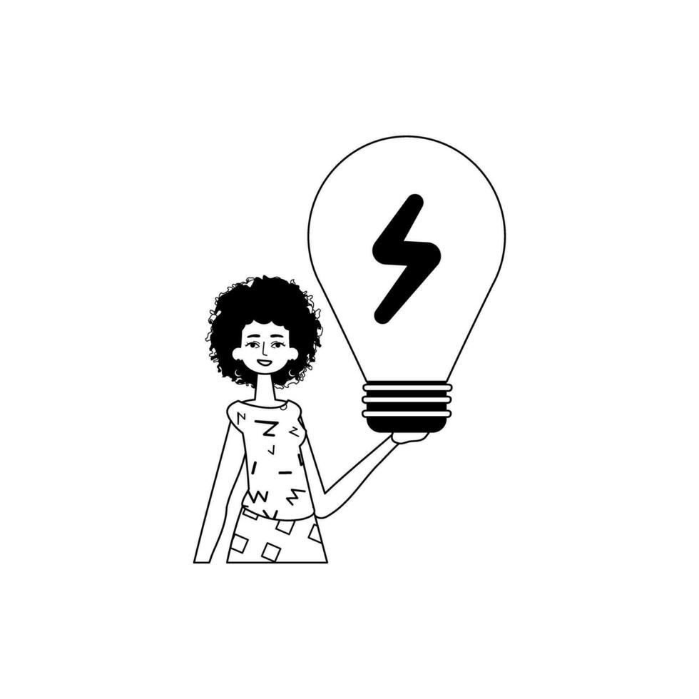 The girl is holding a light medulla oblongata oblongata . rout concept . full darkness and white linear manner. Trendy style, Vector Illustration