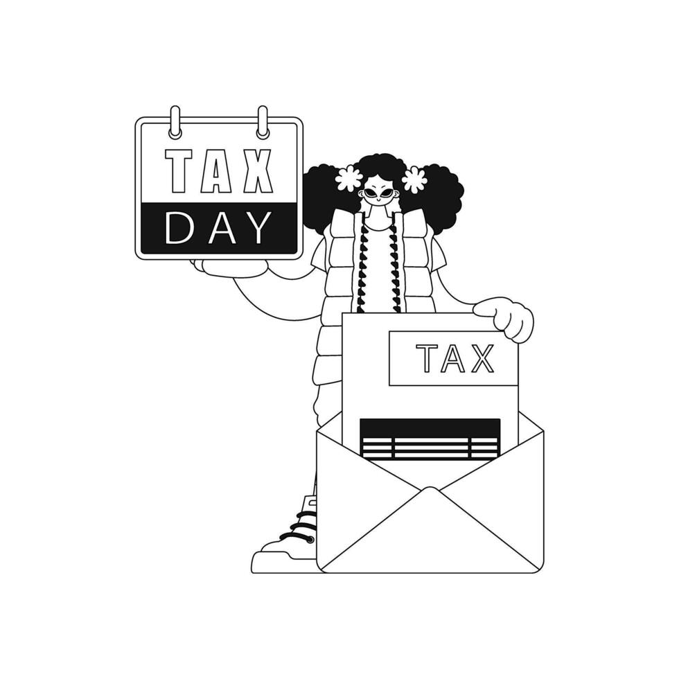 Girl has calendar and letter with tax notification in hands. Illustration shows linear style . vector