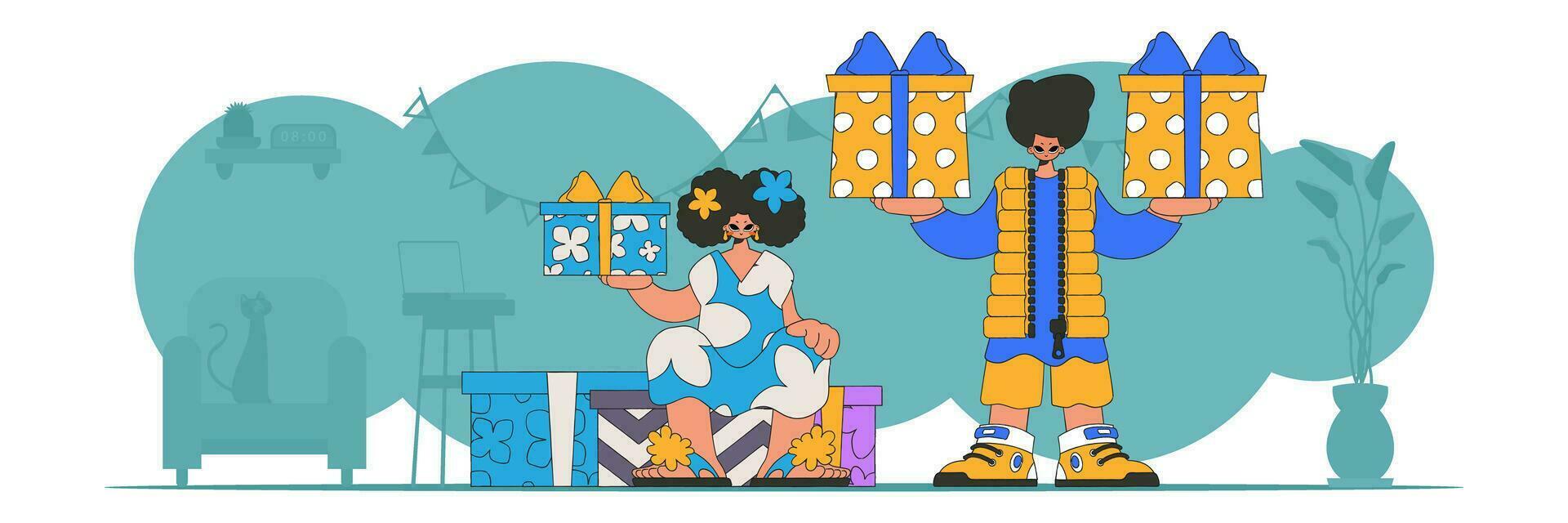 Style 80s and 90s. The guy and the girl are holding gifts. The concept of the holiday and gifts. vector