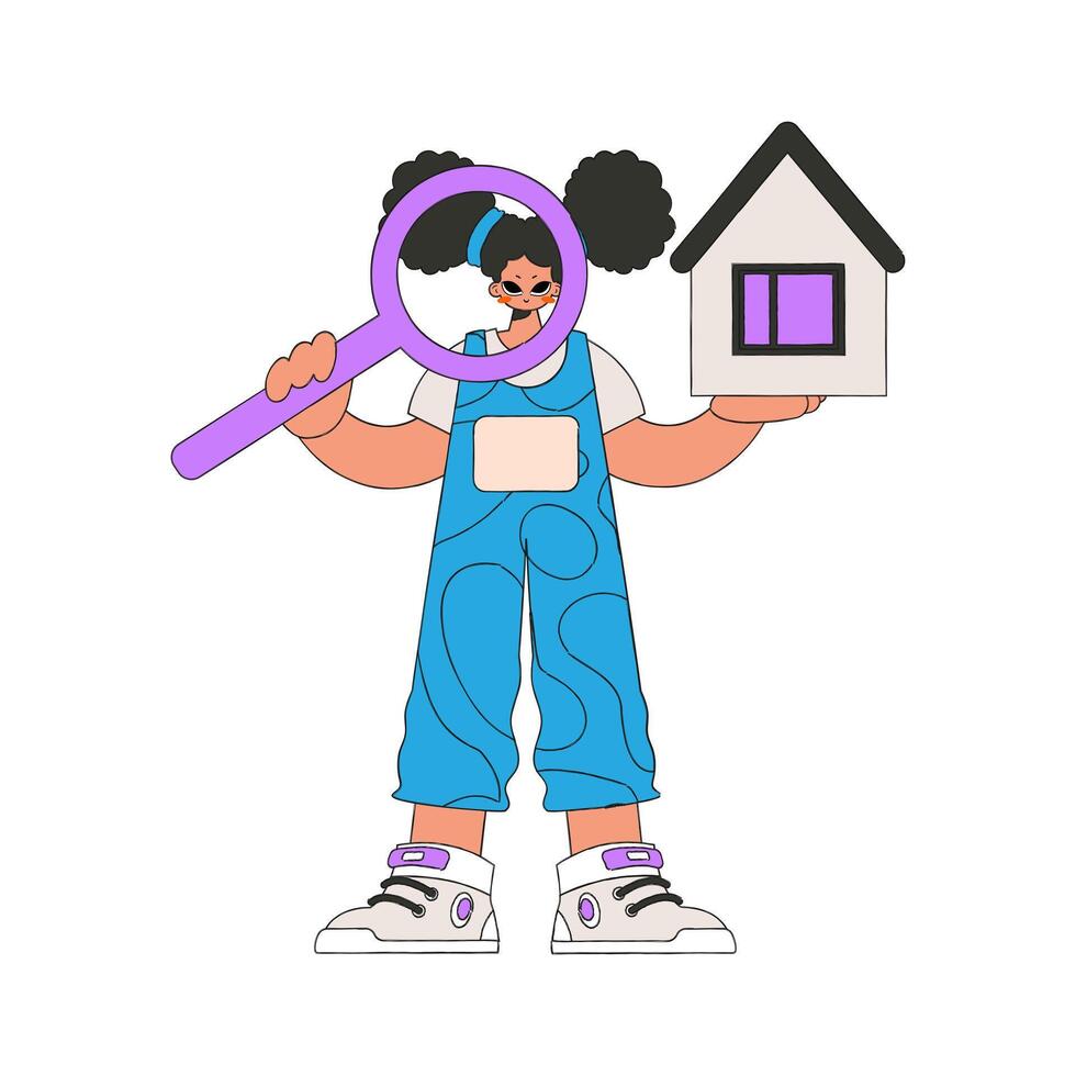 A woman realtor is holding a house and a magnifying glass. Selling and owning a house. vector