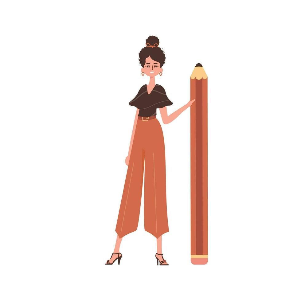 The girl is holding a big pencil. Modern style character. vector