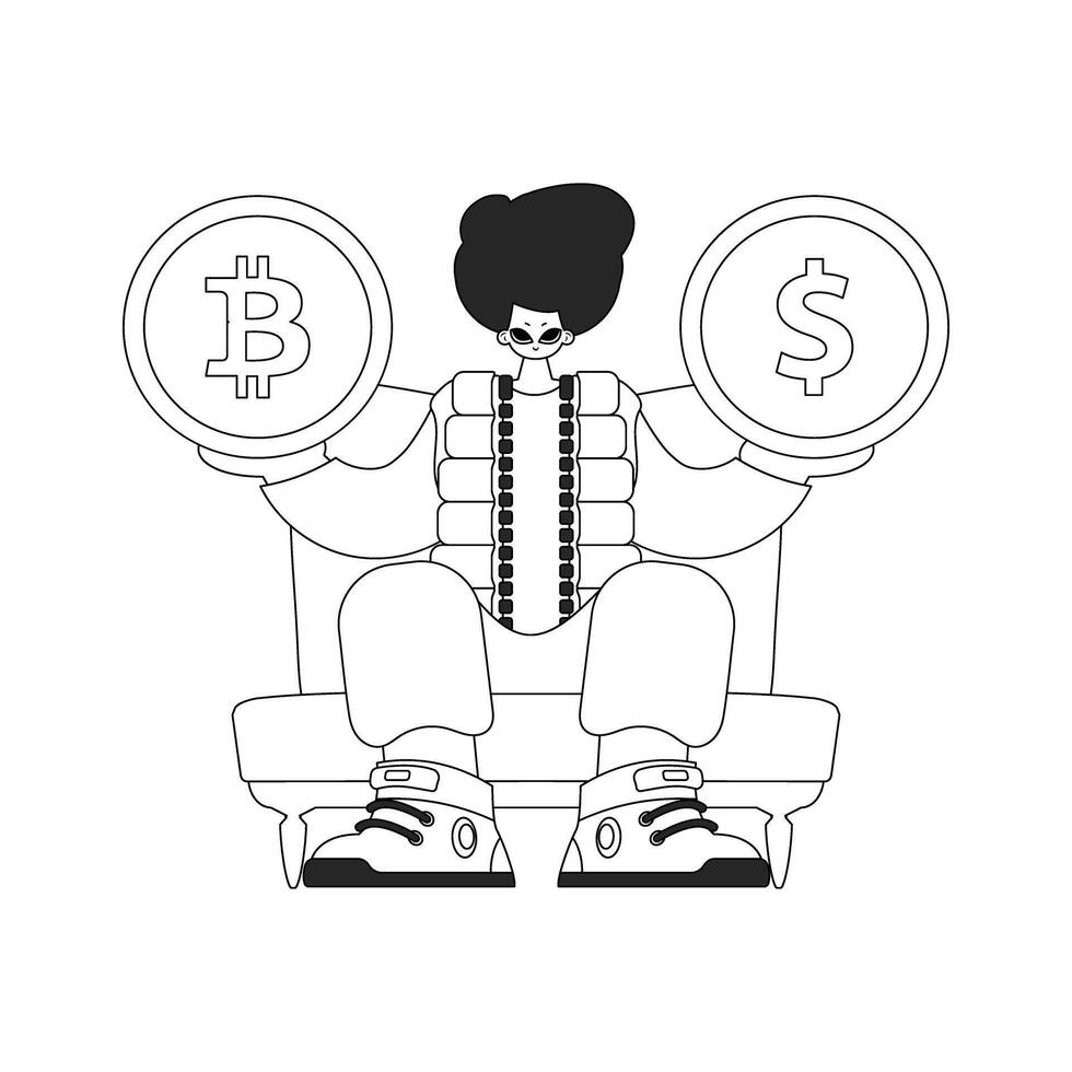 Inspirational man holding bitcoin and dollar coin. Linear black and white style. vector