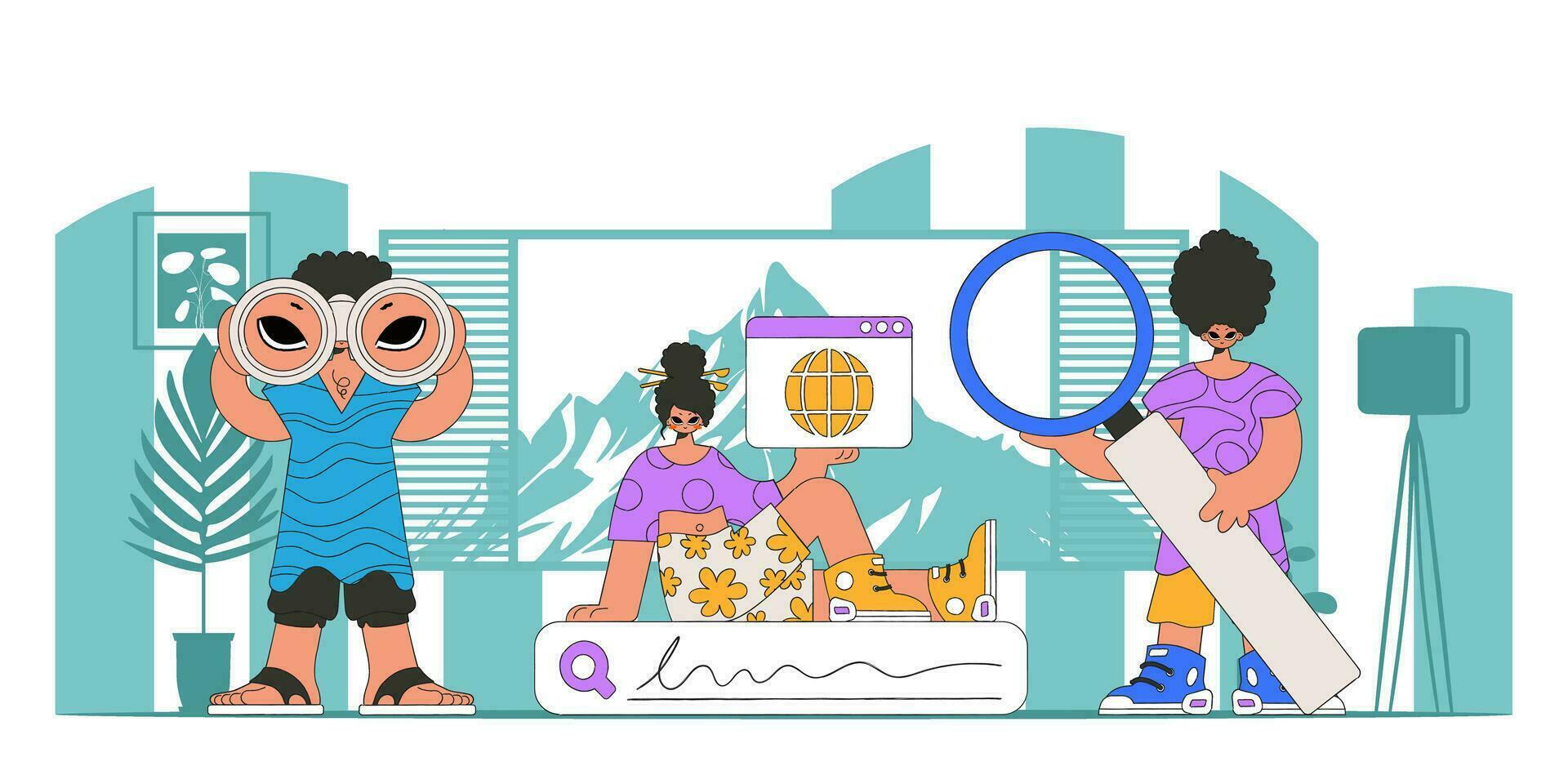 A team of people help find information on the internet. Bright and stylish illustration, Bright trendy character. vector