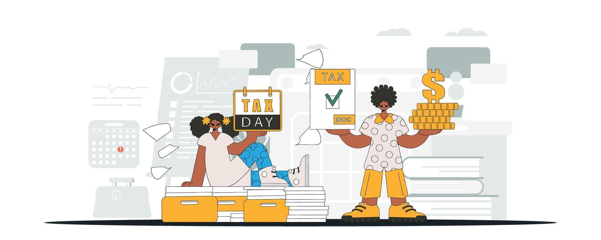 A graceful girl and a guy are engaged in paying taxes. An illustration demonstrating the correct payment of taxes. vector