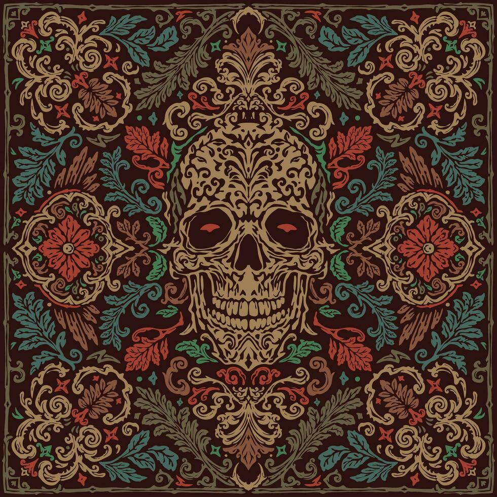 Vintage hand drawn damask and floral sugar skull pattern bandana vector