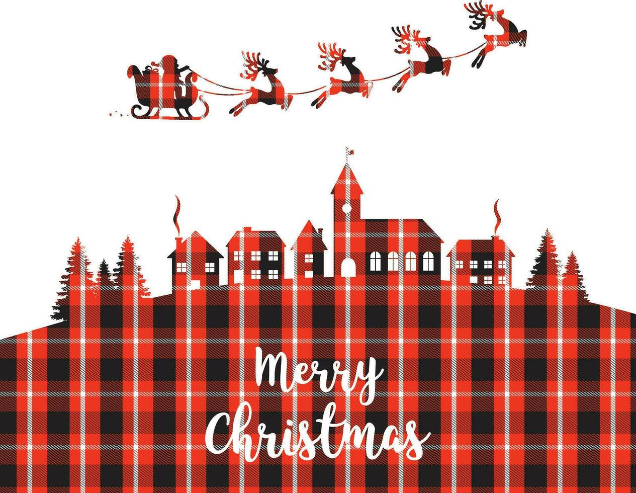 Santa sleigh flying silhouette village night  buffalo plaid Pattern Background Design vector