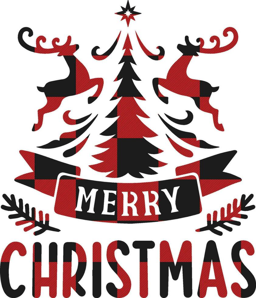 alegre Navidad, alegre Navidad - texto con rojo y negro tartán tartán escocés búfalo modelo. saludo tarjeta texto caligrafía frase para Navidad o otro regalo. Navidad saludos tarjetas, invitaciones vector