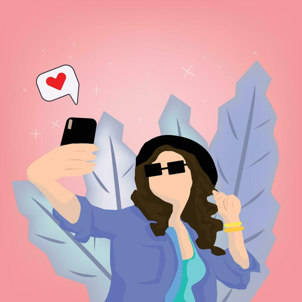girl taking foto with smartphone on leaves background vector
