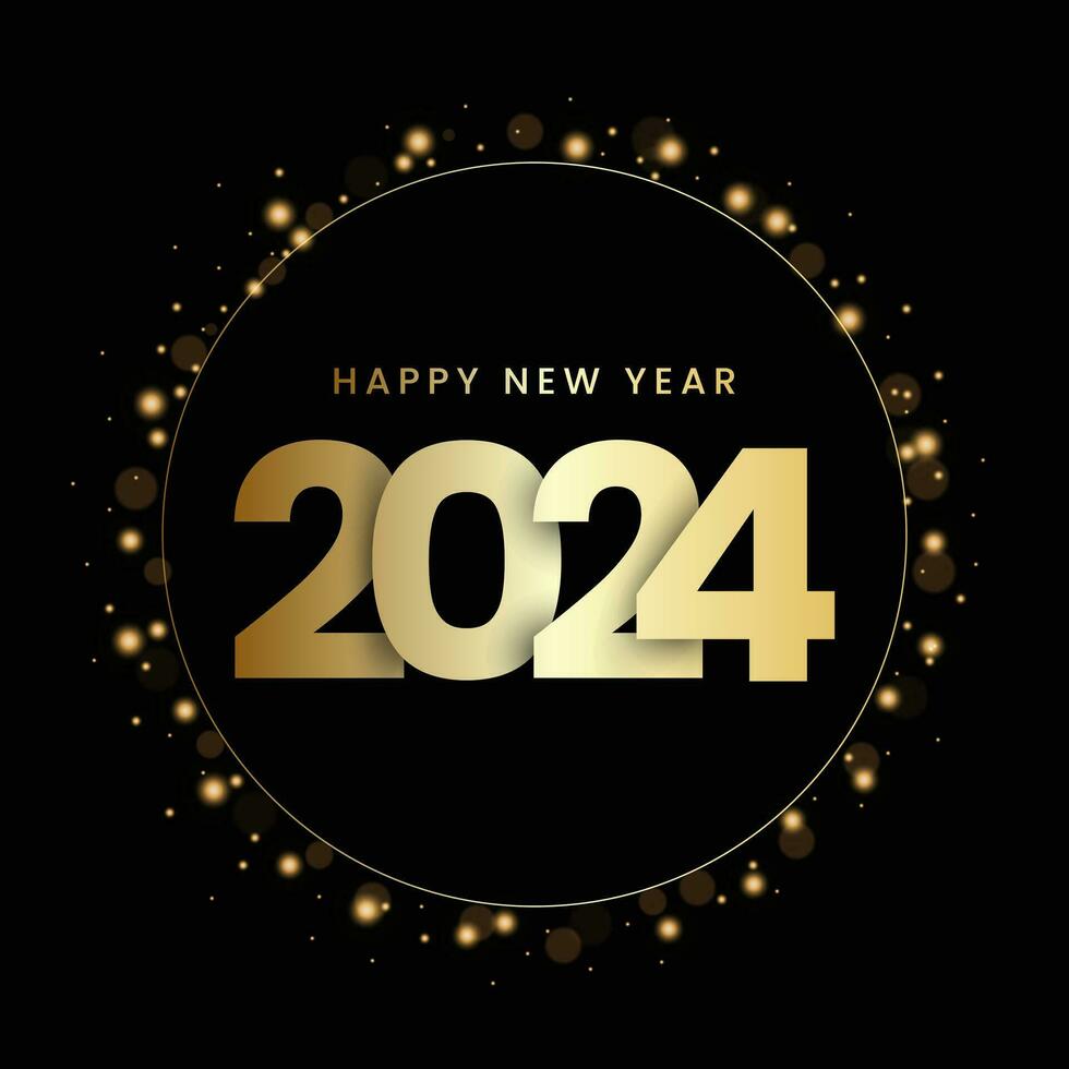 New year 2024 celebrations gold greetings card with black background. vector