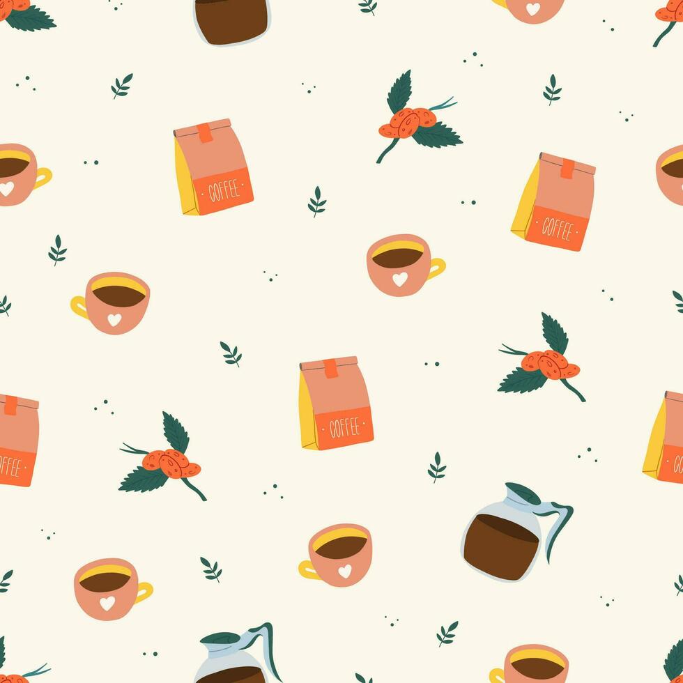Seamless pattern with coffee cup, pot, beans. Cozy design for coffee shop, menu. Vector illustration