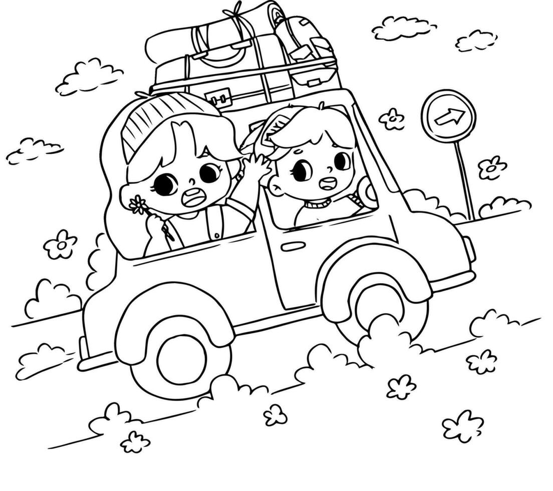 Hand drawn kawaii couple travel coloring book illustration vector