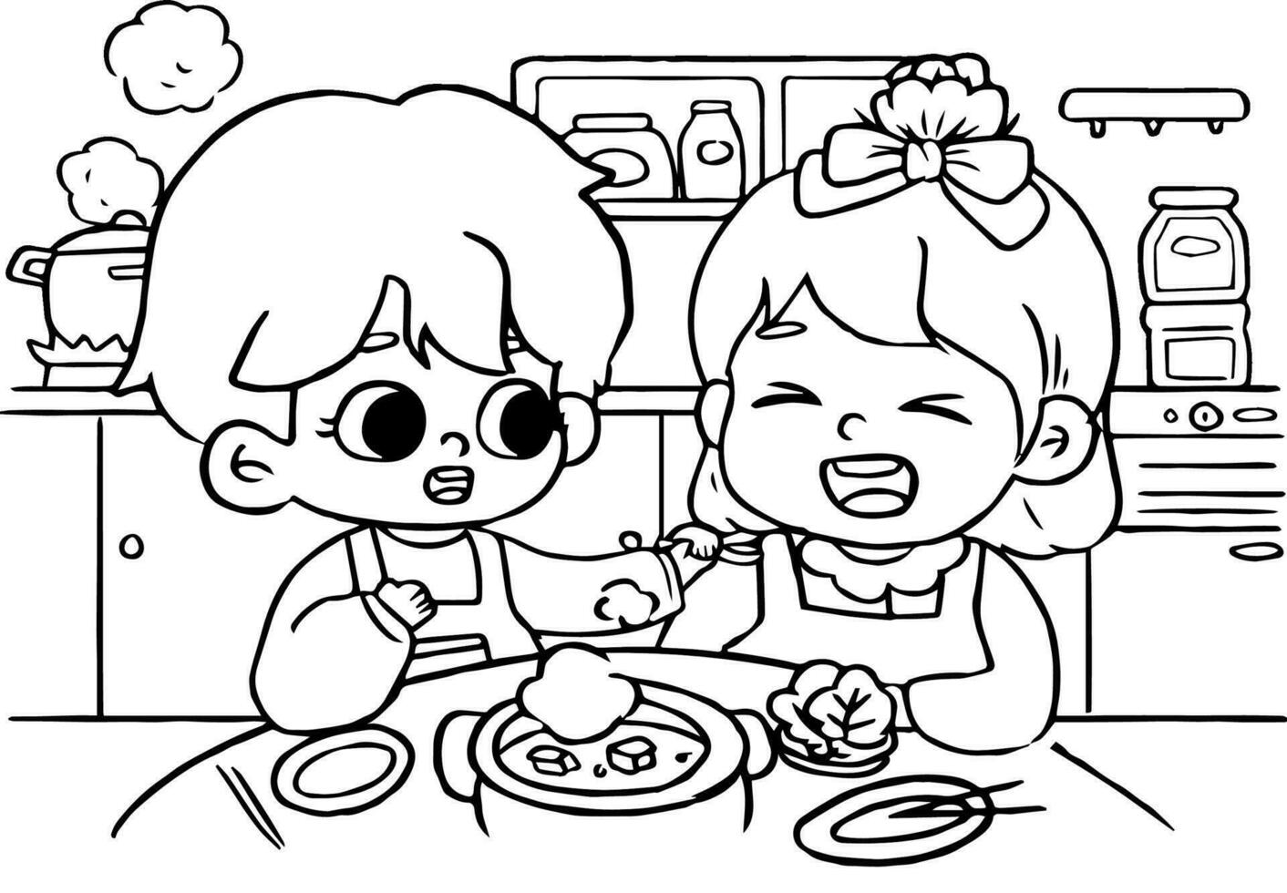 Hand drawn kawaii couple coloring book illustration vector