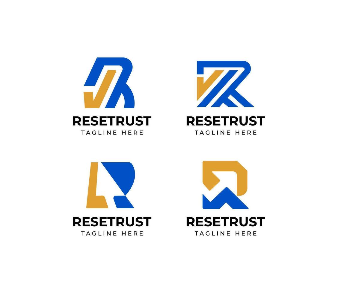 set of modern letter R logo with arrow and checkmark. Trust logo vector