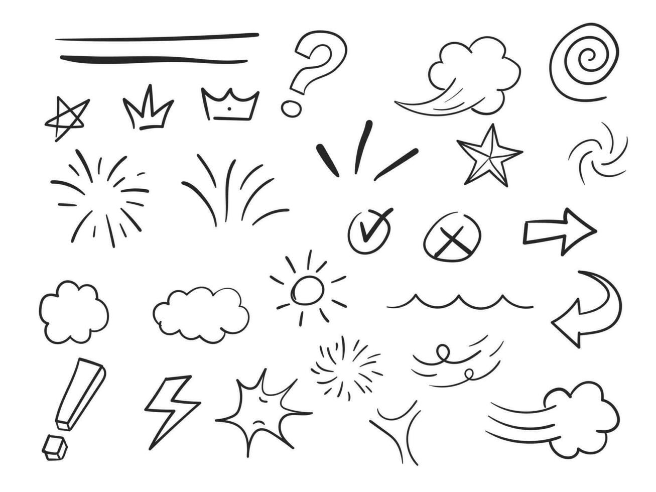 Hand drawn doodle brush stroke, highlight, speech bubble, underline, arrows, sparkle element vector