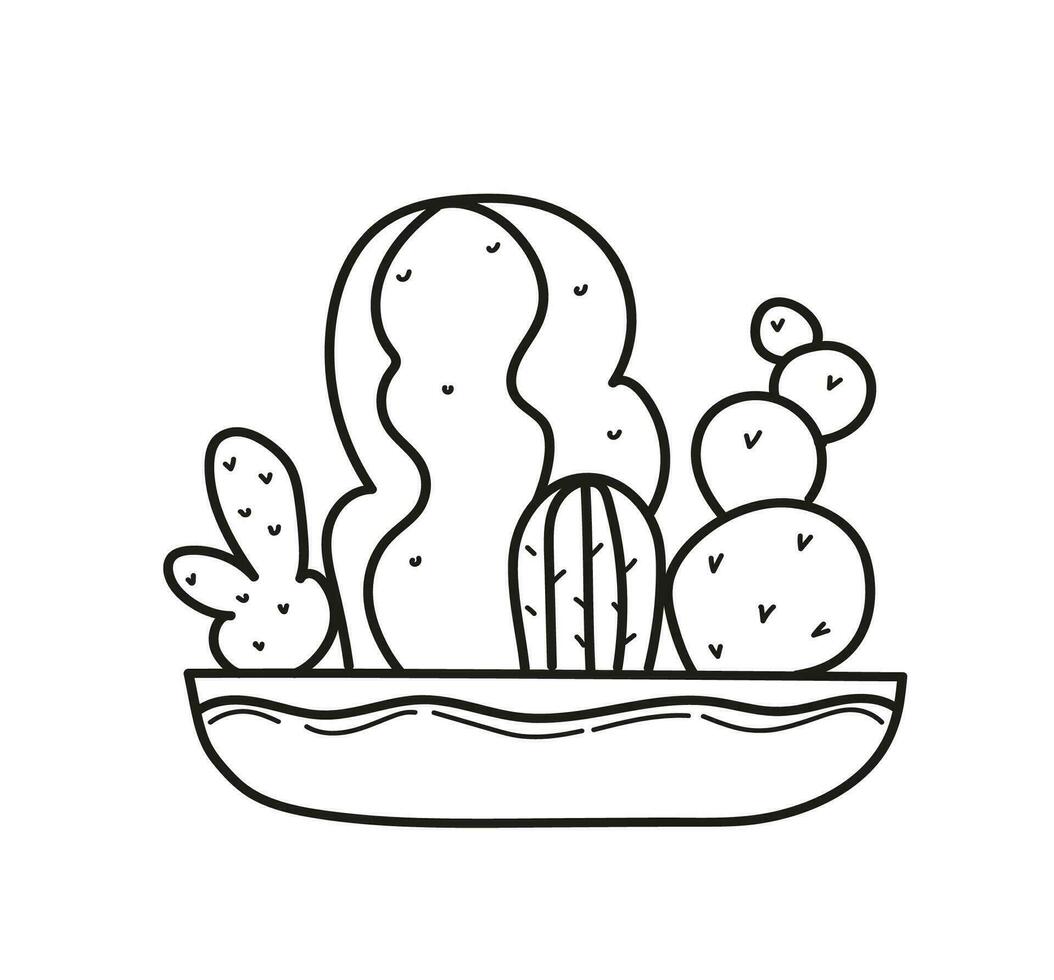 A flat planter with house succulents. Hand drawn doodle outline vector illustration.