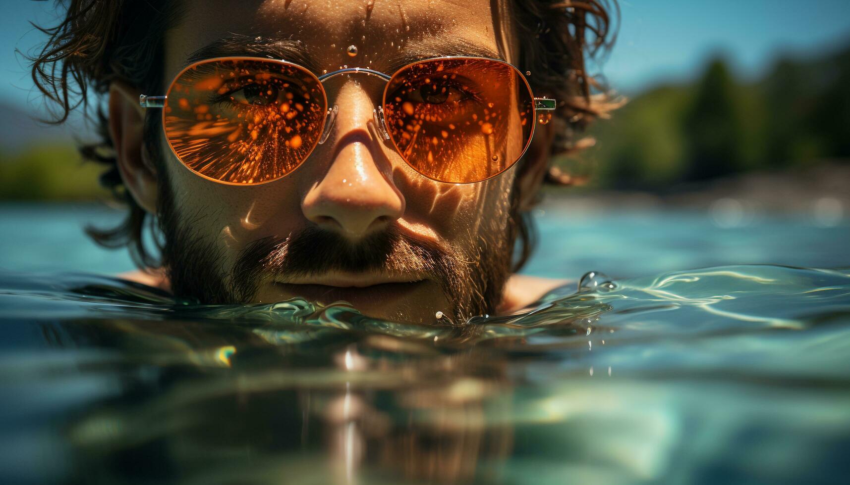 un hombre en Gafas de sol disfruta verano al aire libre, nadando