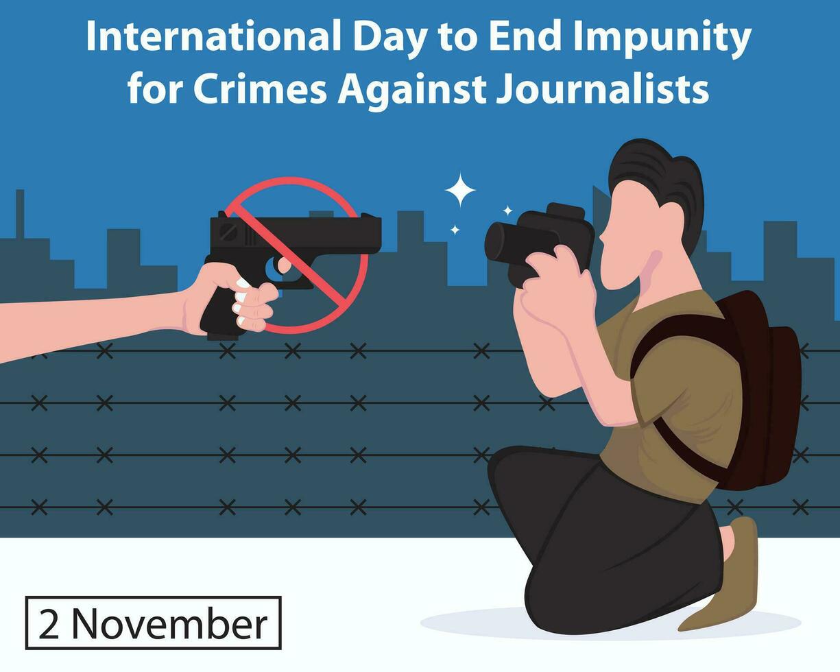 ilustración vector gráfico de un periodista estaba retenida a punta de pistola, Perfecto para internacional día, final impunidad, crímenes en contra periodistas, celebrar, saludo tarjeta, etc.
