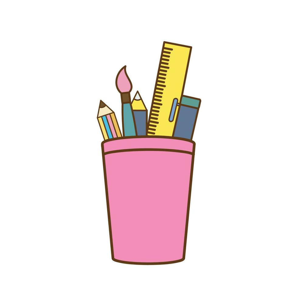 Paint brush,Pen, Pencils and ruler inside bucket isolated icon vector illustration