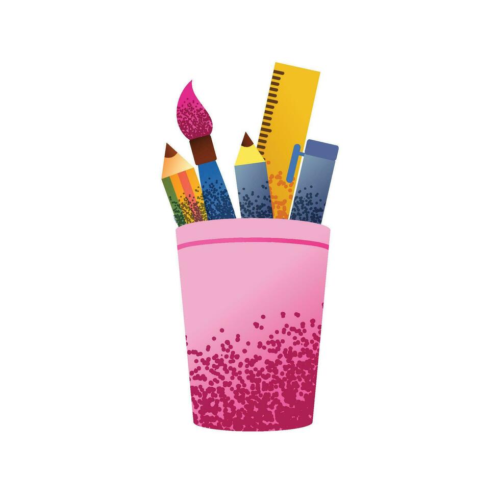 Paint brush,Pen, Pencils and ruler inside bucket isolated icon vector illustration