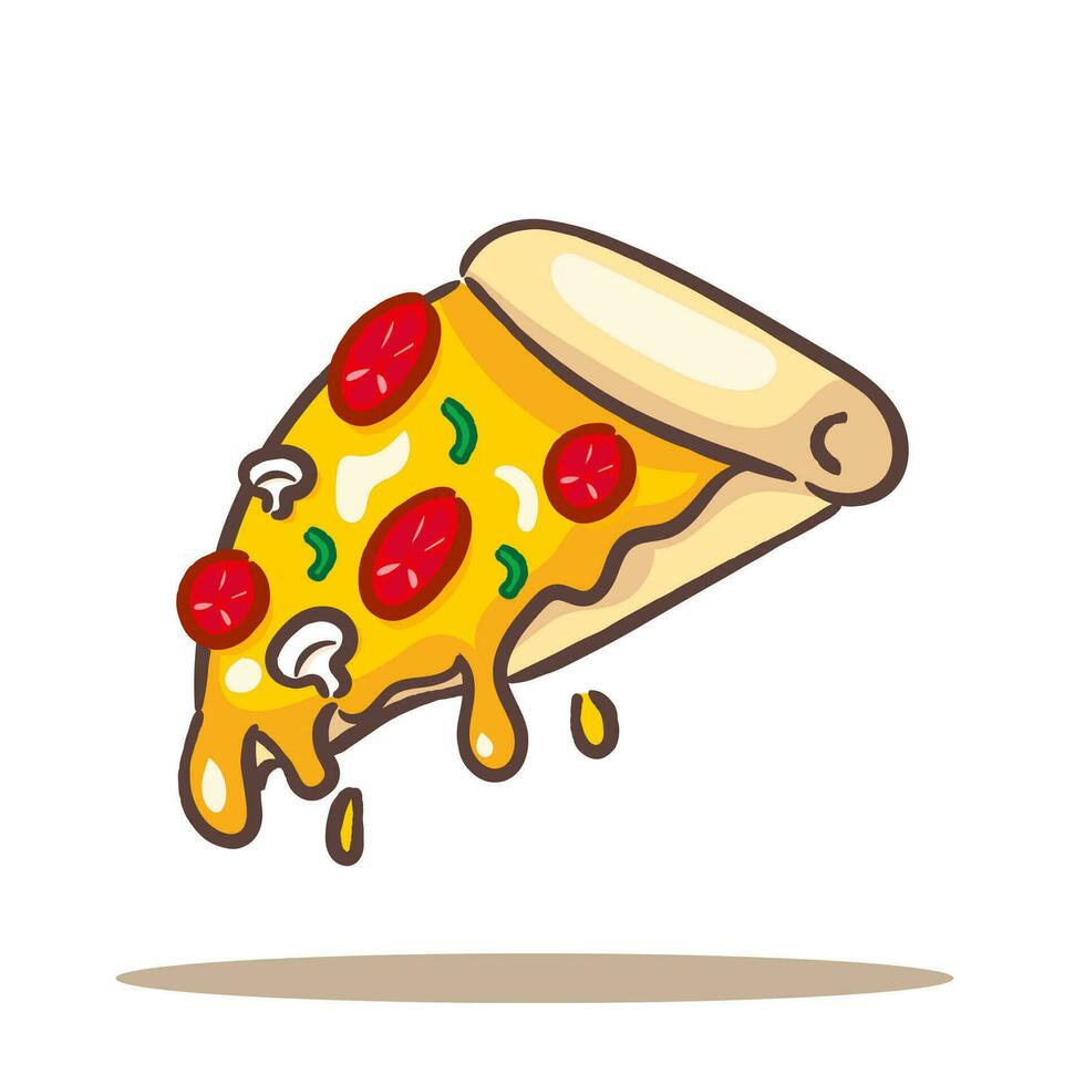 Pizza rebanada Derretido dibujos animados plano estilo. rápido comida concepto diseño. aislado blanco antecedentes. vector Arte ilustración.