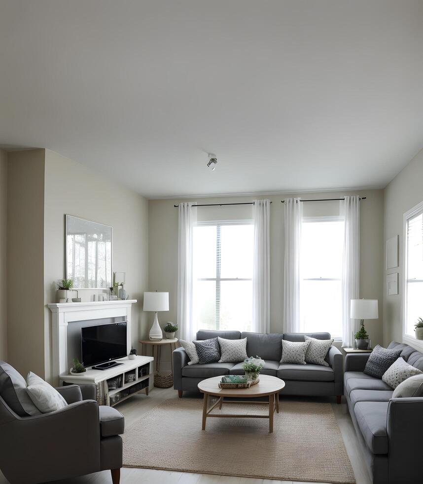 Living room interior indoor display by shining bright sunlight from the window. photo