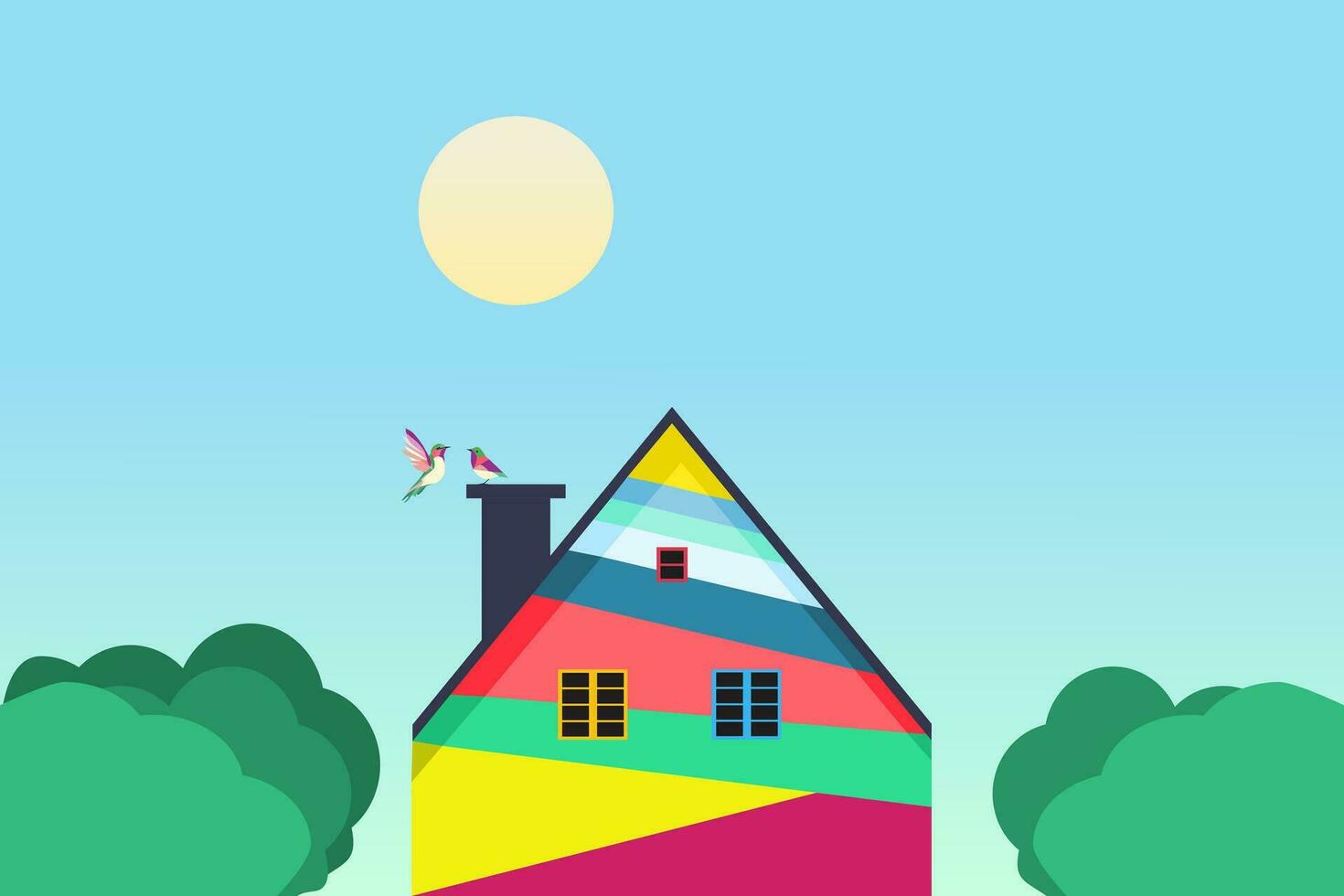 A colorful traditional house in the morning vector illustration. A pair of birds on the roof of the house.