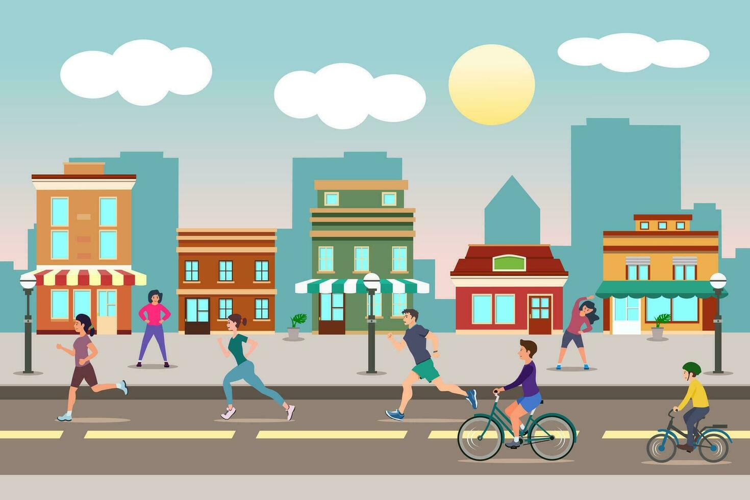 City landscape vector illustration. Sports activities in the city. Car Free Day. People doing sports outside.