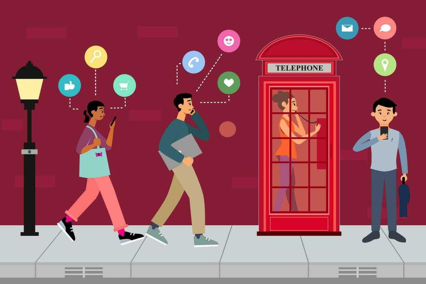 Busy people walking and using a smartphone with social media icon. A woman using a public telephone at the red telephone box. Cartoon vector illustration.